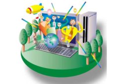 自然とパソコンと人々イラスト