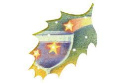 葉のシルエットの中にワインと星イラスト